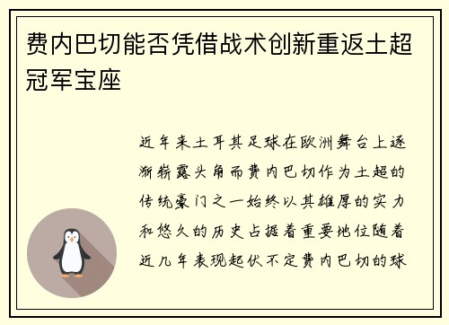 费内巴切能否凭借战术创新重返土超冠军宝座