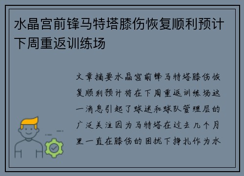 水晶宫前锋马特塔膝伤恢复顺利预计下周重返训练场